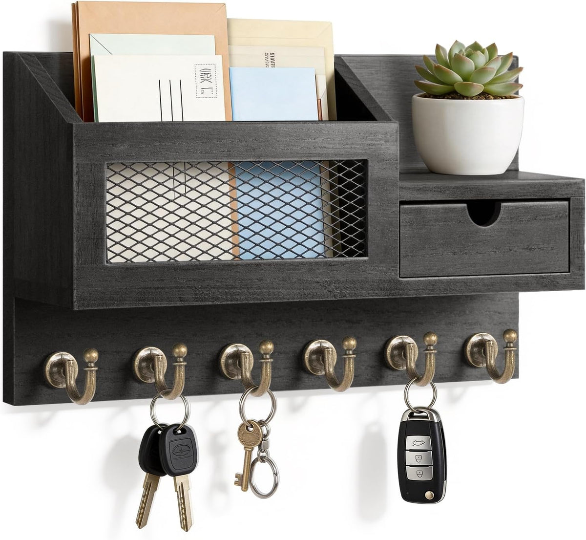 FifthQuarter Wall-Mounted Key & Mail Organizer with 6 Hooks