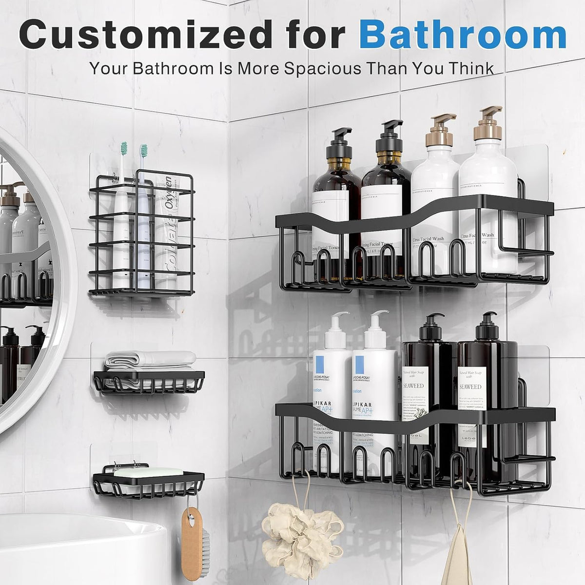EUDELE 5-Piece Adhesive Shower Caddy Set – Rustproof Bathroom Storage