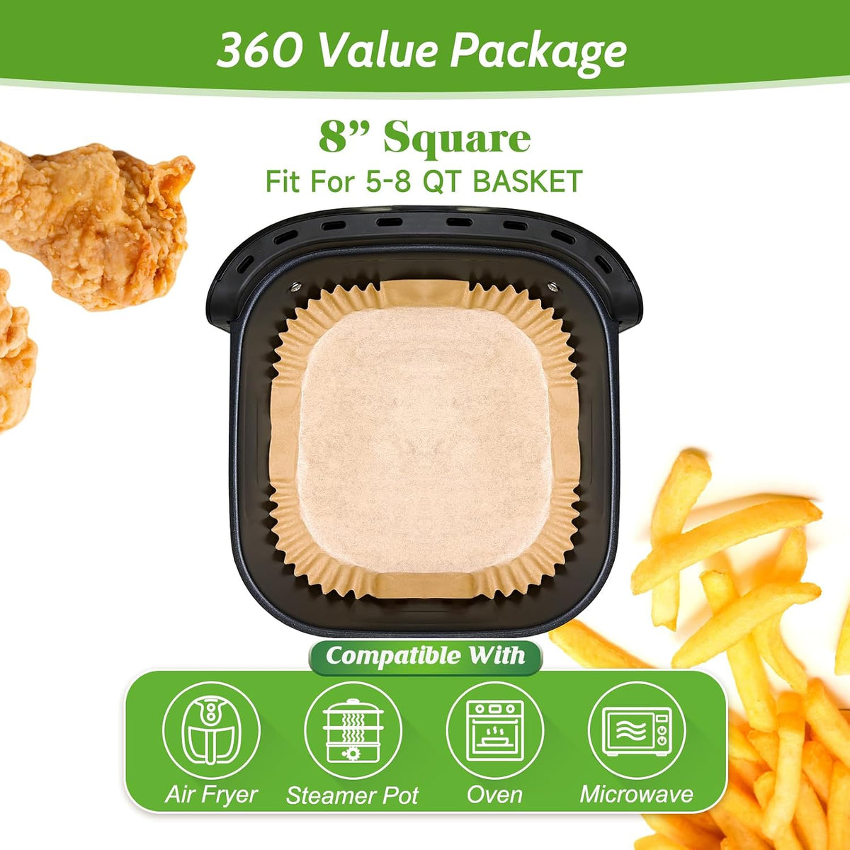 8-Inch Unbleached Air Fryer Paper Liners – 360 Pack