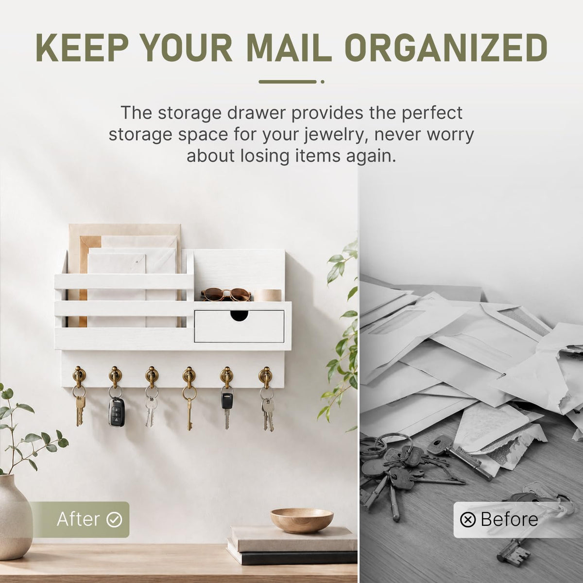 FifthQuarter Wall-Mounted Key & Mail Organizer with 6 Hooks