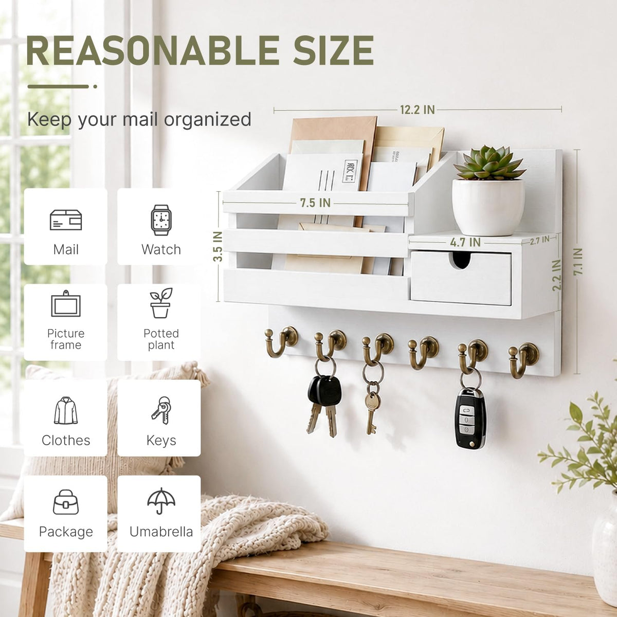 FifthQuarter Wall-Mounted Key & Mail Organizer with 6 Hooks