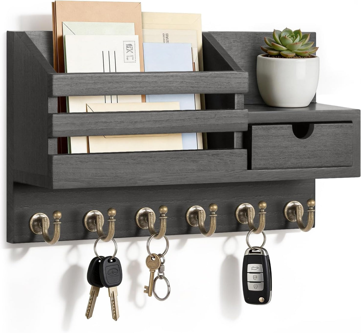 FifthQuarter Wall-Mounted Key & Mail Organizer with 6 Hooks