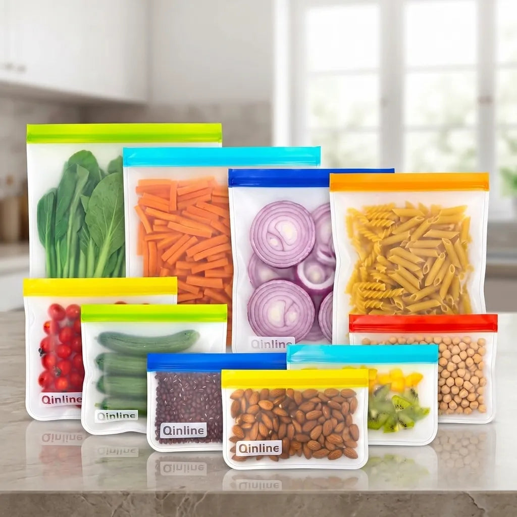 Qinline Reusable Silicone Food Storage Bags – 10-Piece Set