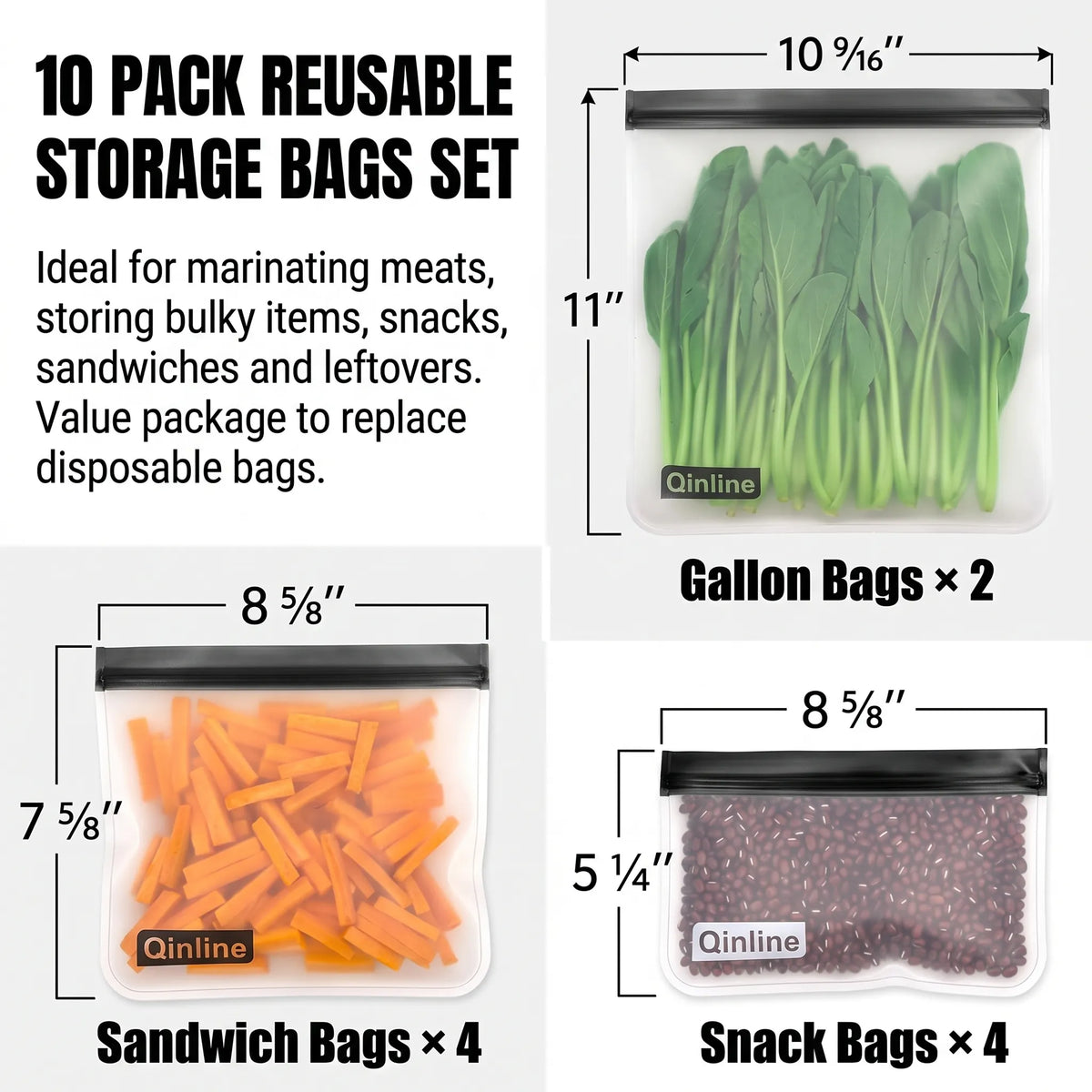 Qinline Reusable Silicone Food Storage Bags – 10-Piece Set