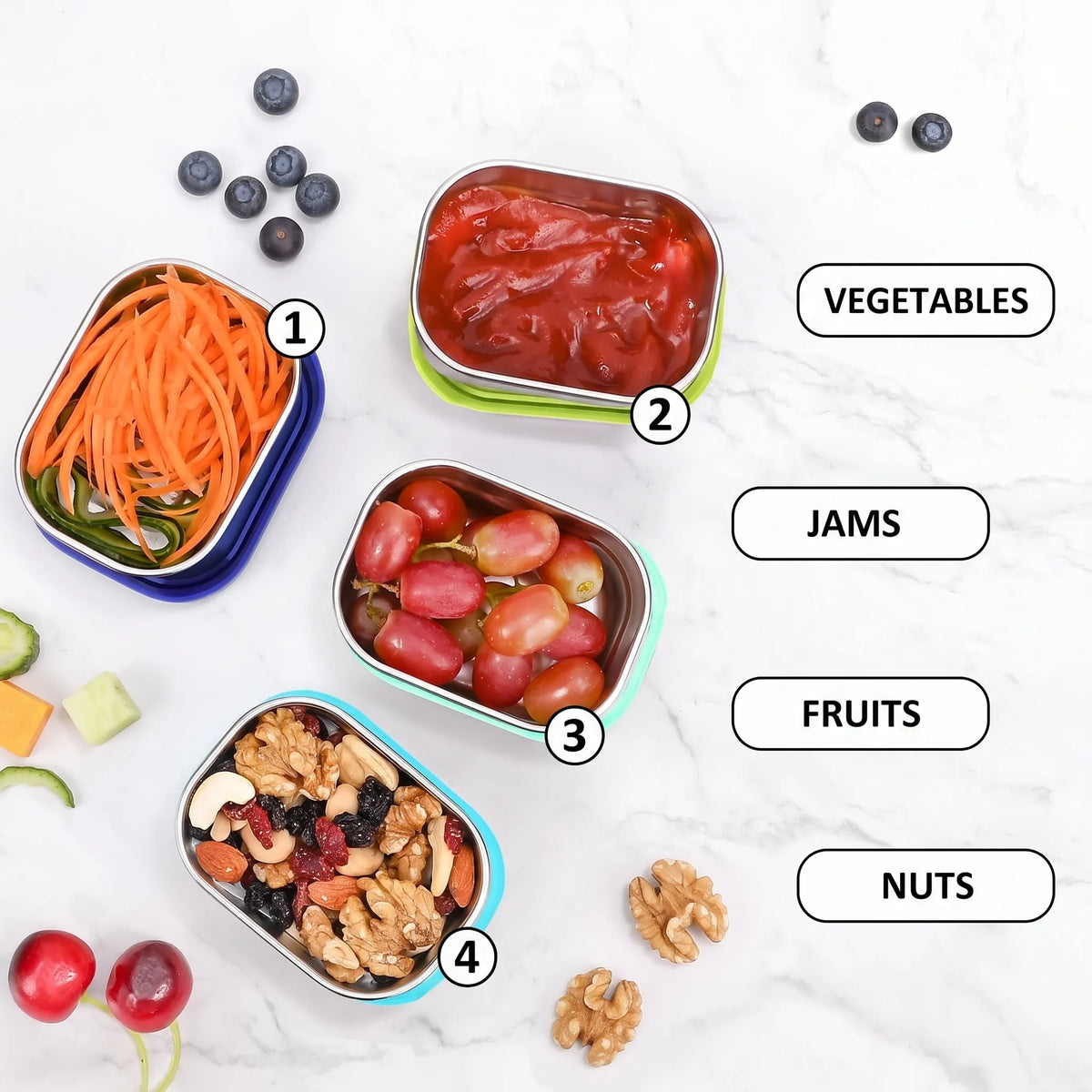 Tanjiae Stainless Steel Snack Containers with Silicone Lids – 4 Pack