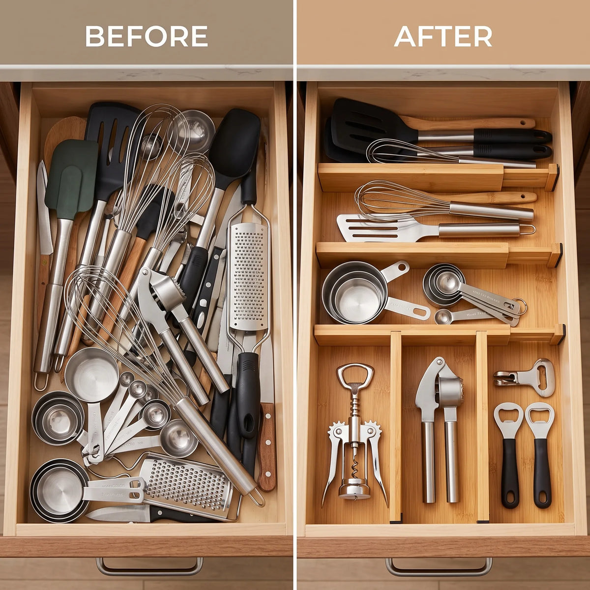 Utoplike Bamboo Drawer Dividers – 4-Piece Kitchen Organizer Set